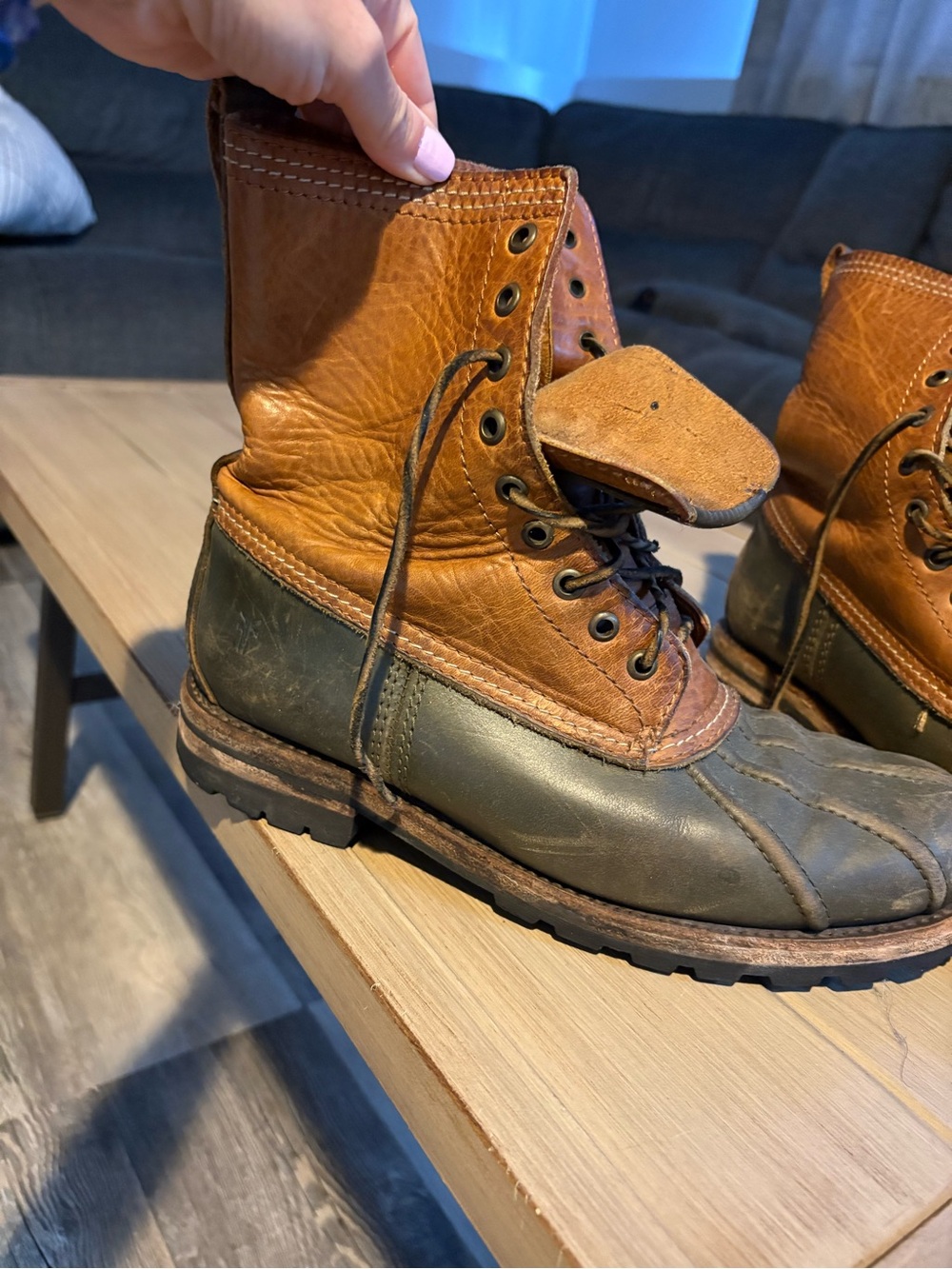 Frye Two-Tone Leather Duck Boots — Tan & Olive